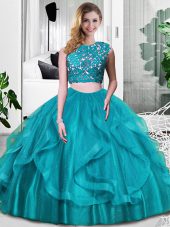 Exceptional Teal Scoop Zipper Lace and Embroidery and Ruffles Sweet 16 Quinceanera Dress Sleeveless