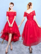 Exquisite A-line Wedding Guest Dresses Wine Red Off The Shoulder Organza Half Sleeves High Low Lace Up