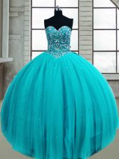 Luxurious Sweetheart Sleeveless Tulle Quinceanera Gowns Beading Lace Up