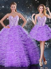 Superior Lavender Sweetheart Neckline Beading and Ruffled Layers Quince Ball Gowns Sleeveless Lace Up