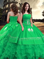 Hot Sale Sleeveless Floor Length Embroidery and Ruffled Layers Zipper 15th Birthday Dress with Green