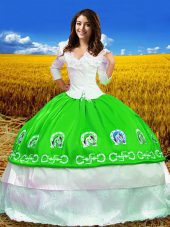 Shining Floor Length Green Vestidos de Quinceanera Off The Shoulder 3 4 Length Sleeve Lace Up