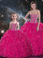 Hot Pink Vestidos de Quinceanera Military Ball and Sweet 16 and Quinceanera with Beading and Ruffles Sweetheart Sleeveless Lace Up