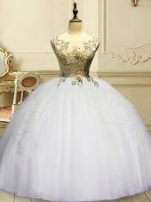 Customized Floor Length White Quince Ball Gowns Organza Sleeveless Appliques and Ruffles