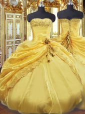 Strapless Sleeveless Ball Gown Prom Dress Floor Length Beading and Pick Ups Gold Taffeta