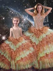 Excellent Sleeveless Beading and Ruffled Layers and Sequins Lace Up Vestidos de Quinceanera