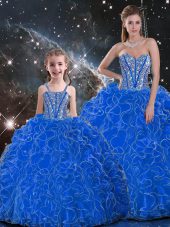 Sleeveless Organza Floor Length Lace Up 15 Quinceanera Dress in Blue with Beading and Ruffles