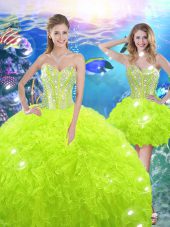 Floor Length Lace Up Sweet 16 Dress Yellow Green for Military Ball and Sweet 16 and Quinceanera with Beading and Ruffles