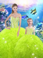 Yellow Green Ball Gowns Organza Sweetheart Sleeveless Beading and Ruffles Floor Length Lace Up Quinceanera Dresses