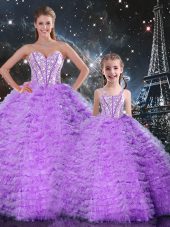Smart Lavender Ball Gowns Beading and Ruffles Vestidos de Quinceanera Lace Up Tulle Sleeveless Floor Length