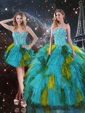 Ideal Sleeveless Tulle Floor Length Lace Up Sweet 16 Quinceanera Dress in Multi-color with Beading and Ruffles