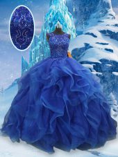 Blue Organza Lace Up Scoop Sleeveless Floor Length Sweet 16 Dress Beading and Ruffles