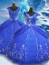 Elegant Tulle V-neck Short Sleeves Lace Up Beading and Appliques Quinceanera Gown in Blue