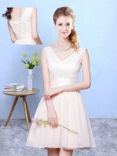 Captivating Sleeveless Chiffon Knee Length Lace Up Dama Dress in Champagne with Ruching