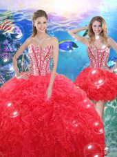 Coral Red Organza Lace Up Sweetheart Sleeveless Floor Length 15 Quinceanera Dress Beading and Ruffles