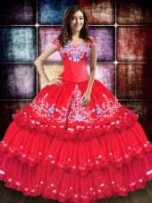 Best Coral Red Ball Gowns Off The Shoulder Sleeveless Taffeta Floor Length Lace Up Embroidery and Ruffled Layers 15 Quinceanera Dress