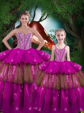 Perfect Fuchsia Ball Gowns Organza Sweetheart Sleeveless Beading and Ruffled Layers Floor Length Lace Up Quinceanera Gowns