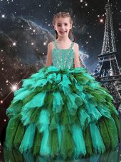 Turquoise Straps Neckline Beading and Ruffles Girls Pageant Dresses Sleeveless Lace Up