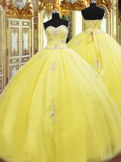Elegant Tulle Sweetheart Sleeveless Lace Up Beading and Appliques 15th Birthday Dress in Yellow