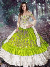 Most Popular Yellow Green Ball Gowns Taffeta Off The Shoulder Sleeveless Embroidery and Ruffled Layers Floor Length Lace Up Sweet 16 Dresses