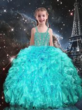 Sleeveless Organza Floor Length Lace Up Little Girl Pageant Dress in Aqua Blue with Beading and Ruffles