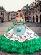 Best Selling Sleeveless Organza and Taffeta Floor Length Lace Up Quinceanera Dresses in Green with Embroidery and Ruffled Layers