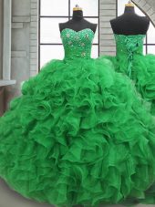 Pretty Green Ball Gowns Organza Sweetheart Sleeveless Beading and Ruffles Floor Length Lace Up Vestidos de Quinceanera