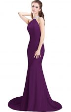 Purple Mermaid Elastic Woven Satin Halter Top Sleeveless Beading Side Zipper Dress for Prom Brush Train