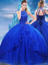 Royal Blue Vestidos de Quinceanera Military Ball and Sweet 16 and Quinceanera with Beading and Ruffles High-neck Sleeveless Brush Train Lace Up