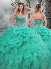 Turquoise Ball Gowns Sweetheart Sleeveless Organza Floor Length Lace Up Beading and Ruffles 15th Birthday Dress
