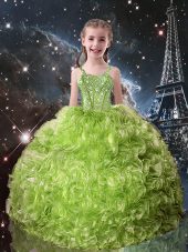 Low Price Olive Green Sleeveless Floor Length Beading and Ruffles Lace Up Little Girls Pageant Dress