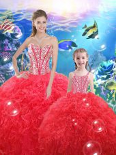 Glittering Coral Red Sleeveless Organza Lace Up Quinceanera Dress for Military Ball and Sweet 16 and Quinceanera