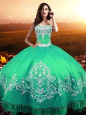 Customized Floor Length Lace Up Sweet 16 Dress Turquoise for Military Ball and Sweet 16 and Quinceanera with Beading and Appliques