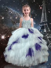 White Straps Lace Up Beading and Ruffled Layers Child Pageant Dress Sleeveless