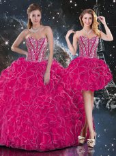 Traditional Sleeveless Organza Floor Length Lace Up 15 Quinceanera Dress in Hot Pink with Beading and Ruffles