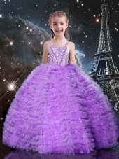 Sleeveless Tulle Floor Length Lace Up Little Girl Pageant Gowns in Eggplant Purple with Beading and Ruffles and Ruffled Layers