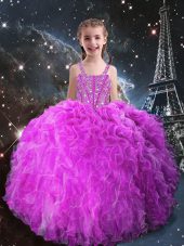 Admirable Fuchsia Lace Up Straps Beading and Ruffles Party Dress Organza Sleeveless