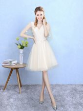Champagne Empire Lace Wedding Party Dress Lace Up Tulle Half Sleeves Knee Length