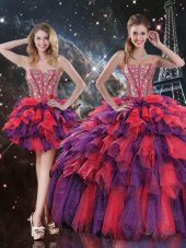 Floor Length Lace Up Quinceanera Gowns Multi-color for Military Ball and Sweet 16 and Quinceanera with Beading and Ruffles and Ruffled Layers
