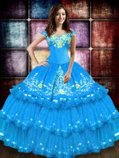 Floor Length Baby Blue Quinceanera Gown Off The Shoulder Sleeveless Lace Up