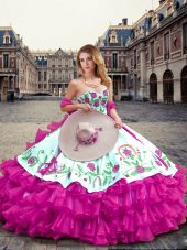 Glorious Sleeveless Organza Floor Length Lace Up 15th Birthday Dress in Fuchsia with Embroidery and Ruffled Layers
