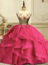 Classical Scoop Sleeveless 15th Birthday Dress Floor Length Appliques and Ruffles Hot Pink Organza
