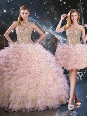 Peach Sweetheart Lace Up Beading and Ruffles Quinceanera Dress Sleeveless