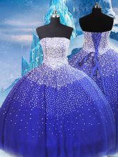 Floor Length Ball Gowns Sleeveless Blue Quinceanera Dresses Lace Up