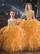 Fashionable Sleeveless Organza Floor Length Lace Up Quinceanera Dresses in Orange with Beading and Ruffles