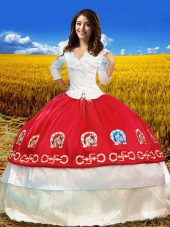 Elegant Red 3 4 Length Sleeve Taffeta Lace Up Sweet 16 Dresses for Military Ball and Sweet 16 and Quinceanera