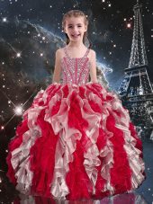 Best Wine Red Sleeveless Floor Length Beading and Ruffles Lace Up Little Girls Pageant Dress Wholesale