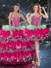 Multi-color Ball Gowns Sweetheart Sleeveless Organza Floor Length Lace Up Beading and Ruffles and Ruffled Layers Sweet 16 Dress