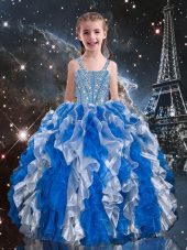 Blue Ball Gowns Straps Sleeveless Organza Floor Length Lace Up Beading and Ruffles Little Girls Pageant Gowns