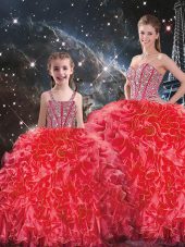 Lovely Coral Red Sleeveless Floor Length Beading and Ruffles Lace Up Vestidos de Quinceanera